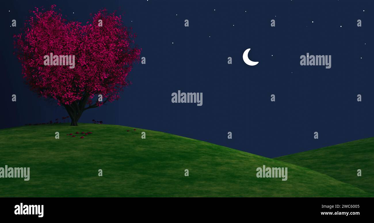 Arbre d'amour en forme de coeur sur un paysage de montagne avec croissant de lune et étoiles brillantes. Scène de nuit fantastique avec l'arbre de coeur d'amour 8k de fond. Banque D'Images