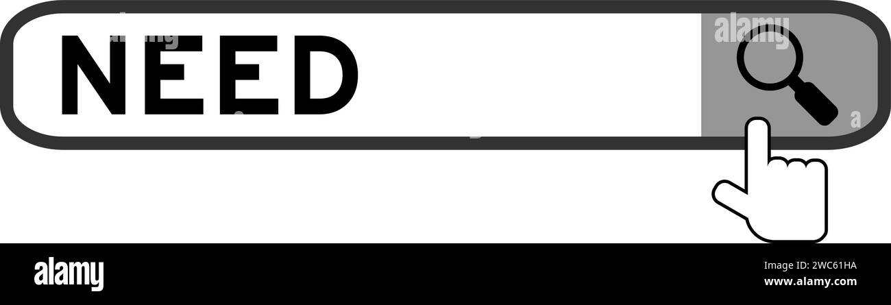 Bannière de recherche dans le mot besoin avec la main sur l'icône loupe sur fond blanc Illustration de Vecteur