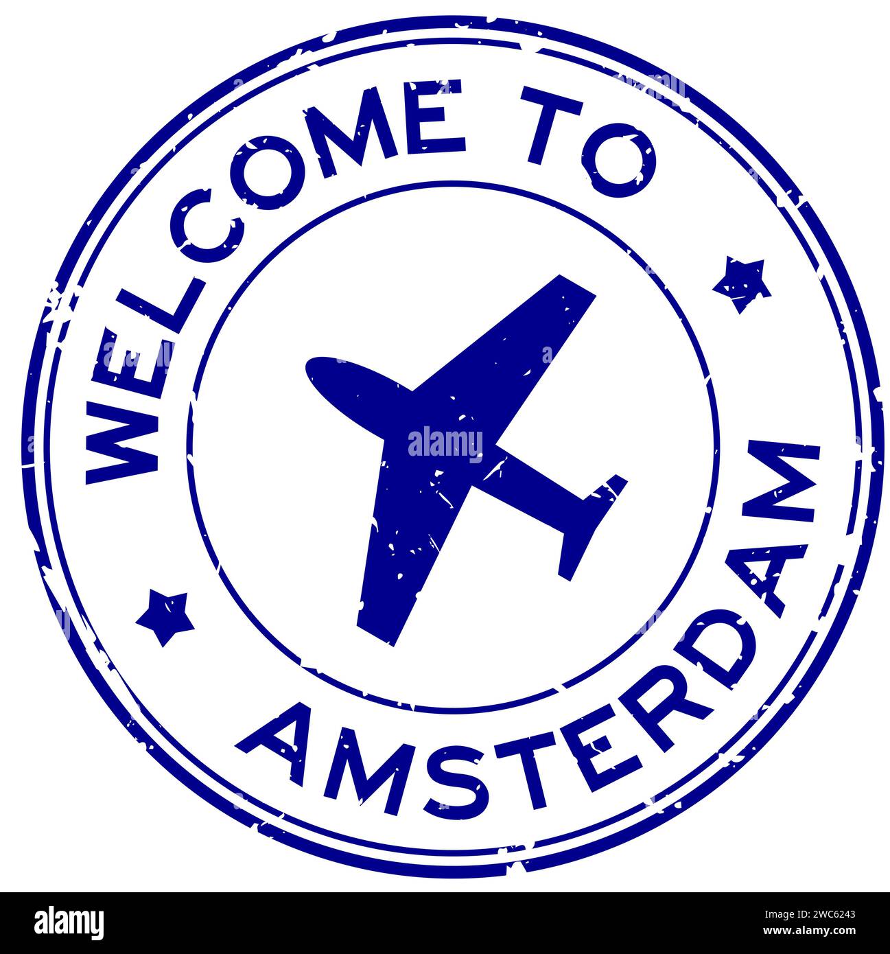 Bienvenue bleu grunge à amsterdam avec icône d'avion timbre de joint en caoutchouc rond sur fond blanc Illustration de Vecteur