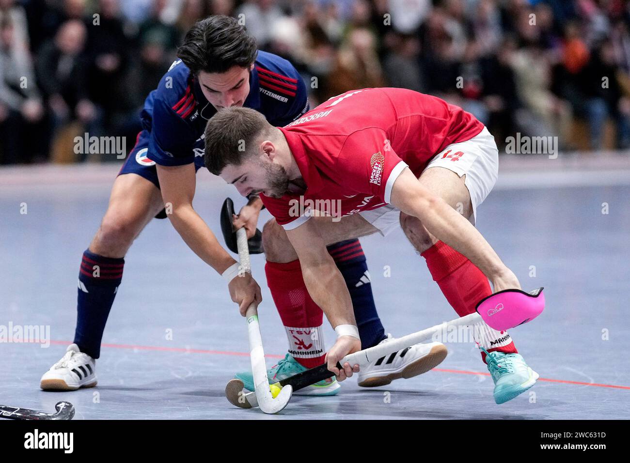 v. li. : Nico Reichert (MHC, 29), Jonas Wossidlo (TSVMH, 14), Zweikampf, Spielszene, Duell, duel, s'attaquer, s'attaquer, Dynamik, action, Aktion, 14.01.2024, Mannheim (Allemagne), Hallenhockey, 1. Bundesliga Süd, Herren, Mannheimer HC - TSV Mannheim Banque D'Images