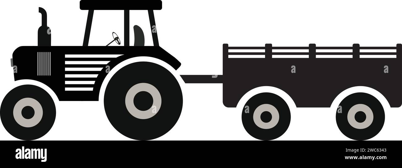 Icône tracteur avec vecteur Trolley Noir et blanc, véhicule pour l'agriculture, véhicule agricole , transporteur de marchandises Illustration de Vecteur