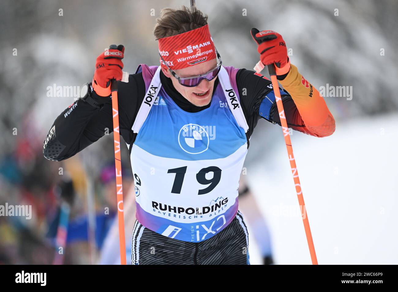 14 janvier 2024, Bavière, Ruhpolding : Biathlon : coupe du monde, poursuite 12,5 km, hommes. Benedikt Doll d'Allemagne en action. Photo : Sven Hoppe/dpa Banque D'Images