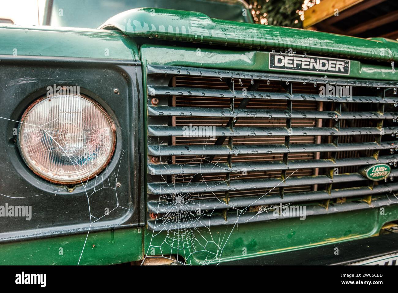Toiles d'araignée dewy sur la grille avant d'un vieux Land Rover Defender, Hampshire, Royaume-Uni Banque D'Images