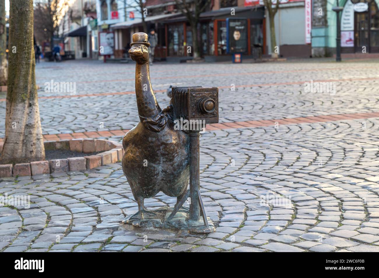 MUKACHEVO, UKRAINE - MARTH 17, 2023 : il s'agit d'une figurine en bronze d'une oie photographe dans le centre historique de la ville. Banque D'Images