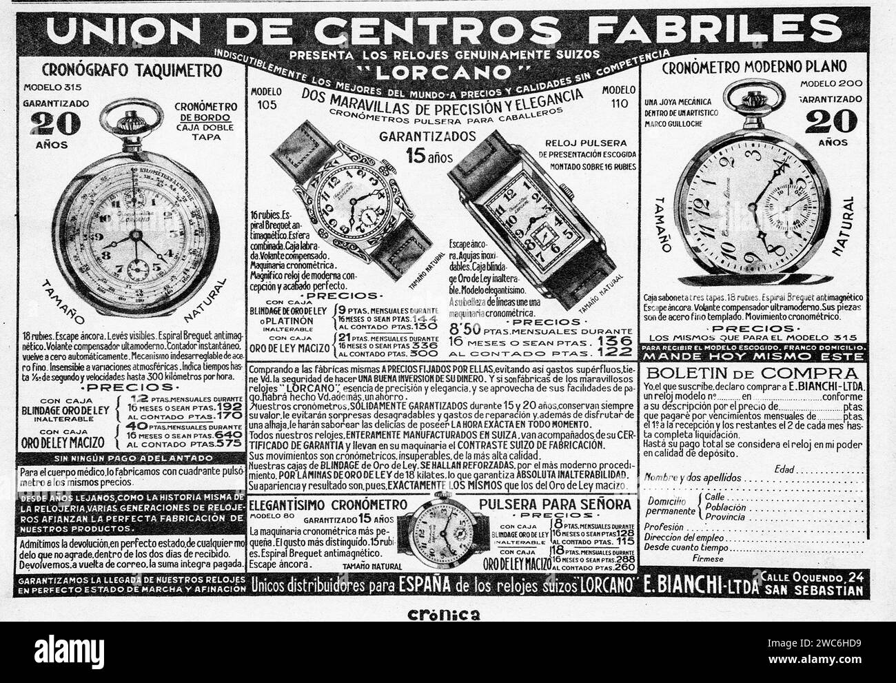 Cette image de 1930 montre une sélection d'annonces de montres suisses vintage de l'Union de Centros Fabriles présentées dans un journal en langue espagnole, mettant l'accent sur le luxe et la précision. Banque D'Images