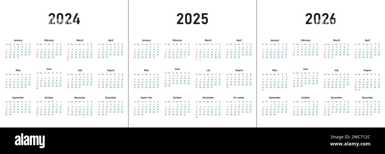 Calendrier 2024, calendrier 2025, calendrier 2026 semaine début dimanche modèle de planificateur de conception d'entreprise Illustration de Vecteur