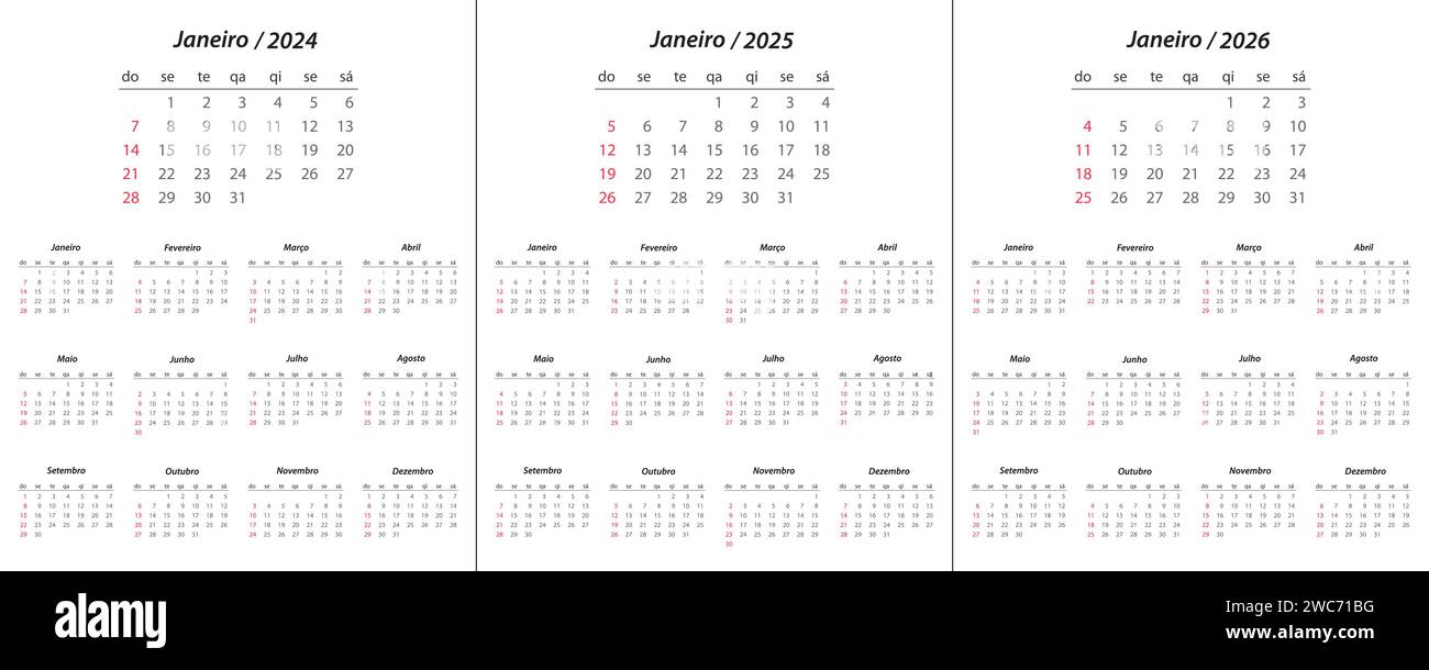 Calendrier 2024, calendrier 2025, calendrier 2026 sur la semaine de langue portugaise début dimanche modèle de planificateur de conception d'entreprise Illustration de Vecteur