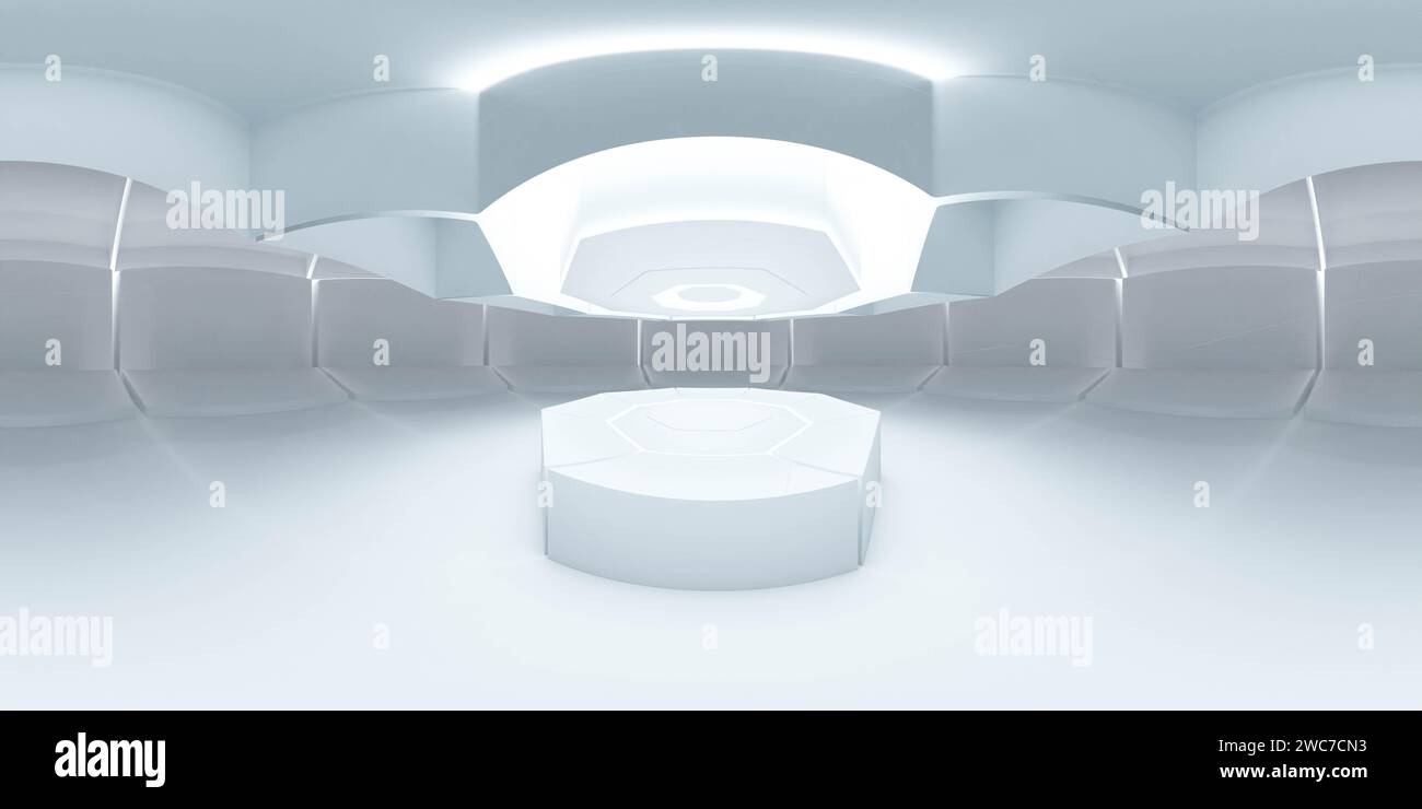 Une salle avec des murs blancs et un plafond blanc et un stand de produit 360 panorama vr environnement map illustration de rendu 3D. Banque D'Images