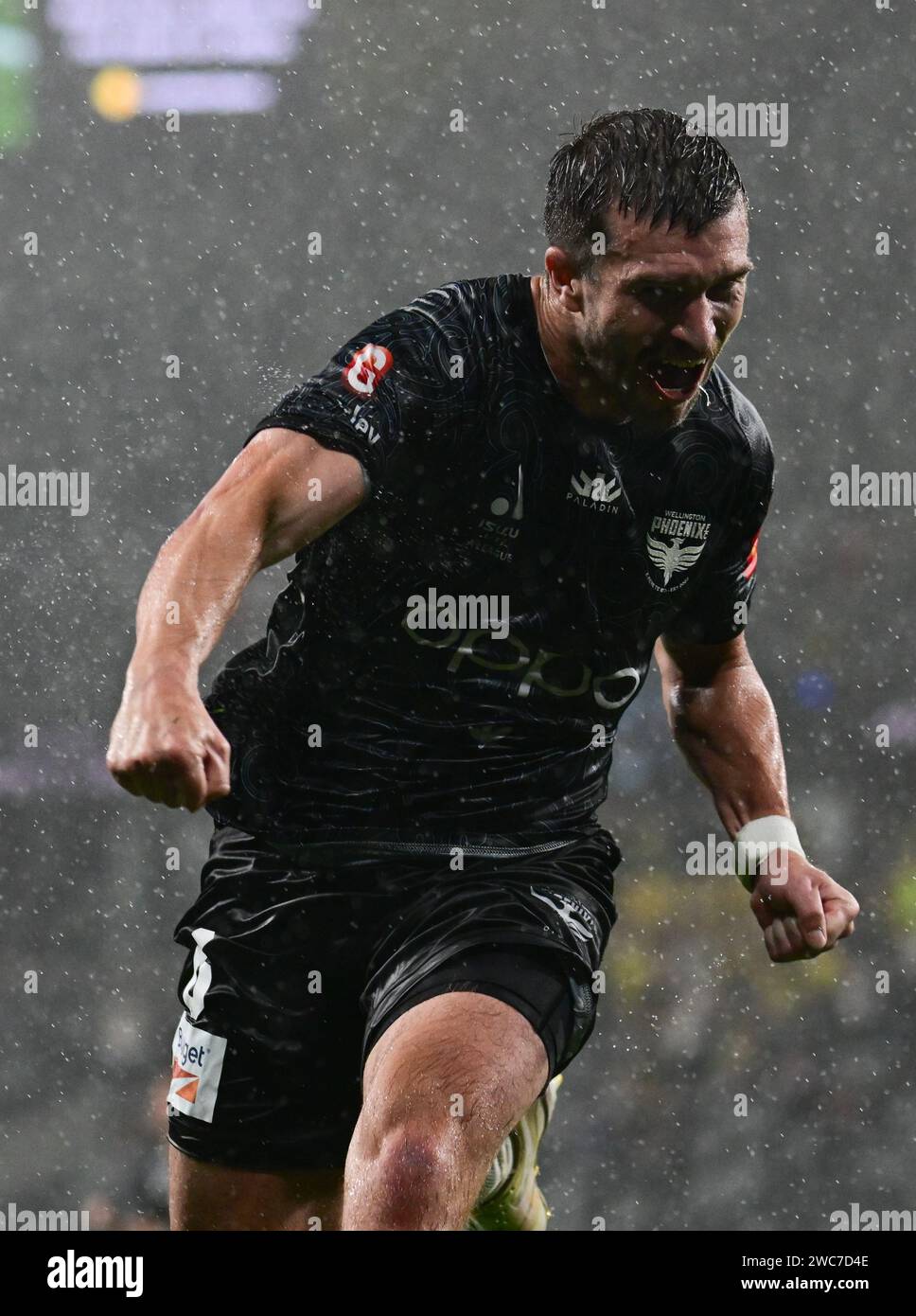 Parramatta, Australie. 14 janvier 2024. Timothy John Payne de l'équipe Wellington Phoenix FC célèbre le match Unite Round entre Perth Glory et Wellington Phoenix au CommBank Stadium lors de la saison Ute A-League d'Isuzu. Score final ; Wellington Phoenix 4:3 Perth Glory. Crédit : SOPA Images Limited/Alamy Live News Banque D'Images