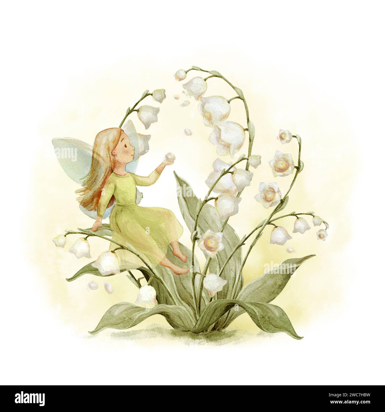 Mignon Fairy Lily de la Vallée Fairy Illustration. Garden Magic Fairy Tale clip Art. Fairy Garden Illustration Green White Girl nursery Decor Banque D'Images