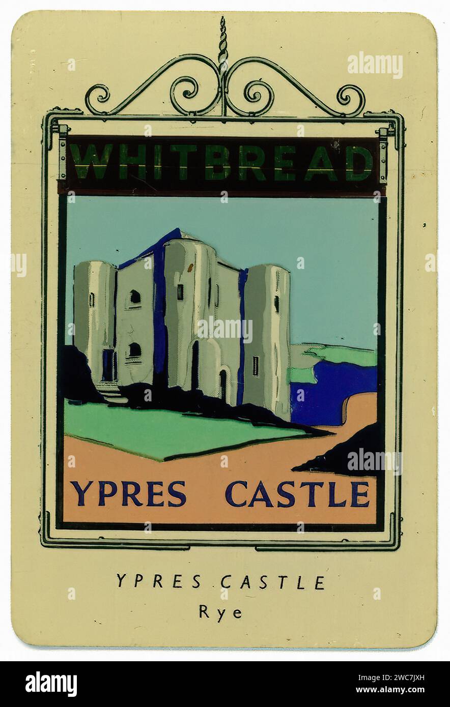 Le château d'Ypres - Vintage Whitbread Inn signe Illustration Banque D'Images