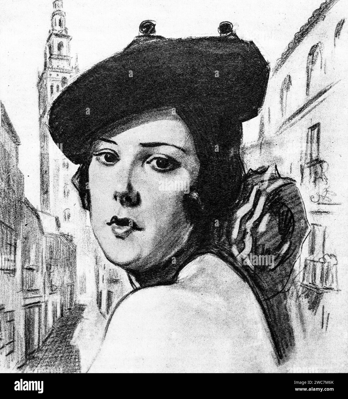 Un croquis au charbon de bois de 1938 de Laura de Santelmo (1897-1977) la danseuse de flamenco espagnole. Banque D'Images