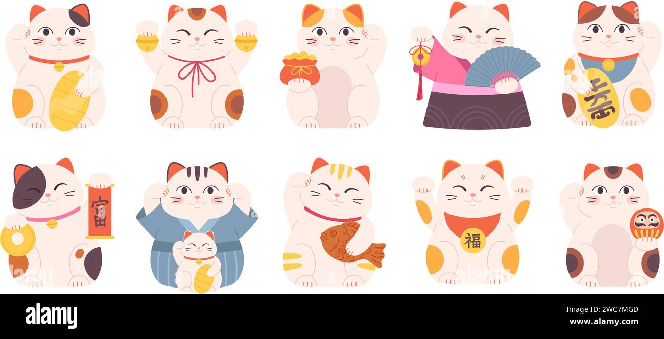 Chats neko japonais isolés. Chat maneki traditionnel ou symboles orientaux chanceux. Bonne chance, symbole asiatique de richesse. Ensemble de vecteur racé de dessin animé mignon Illustration de Vecteur