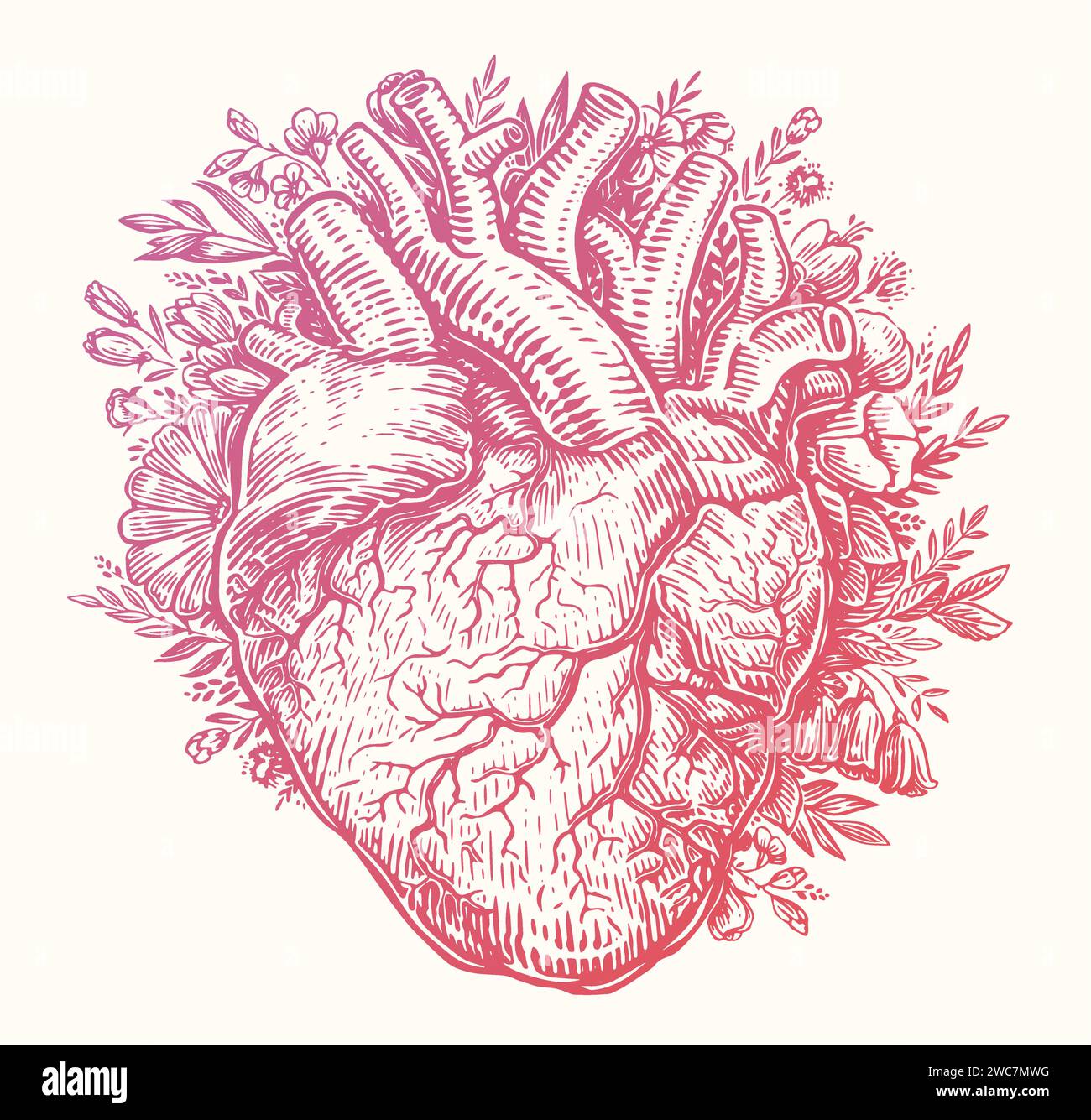 Coeur en fleurs. Carte de Saint-Valentin dans le style de gravure vintage. Illustration vectorielle d'esquisse dessinée à la main Illustration de Vecteur
