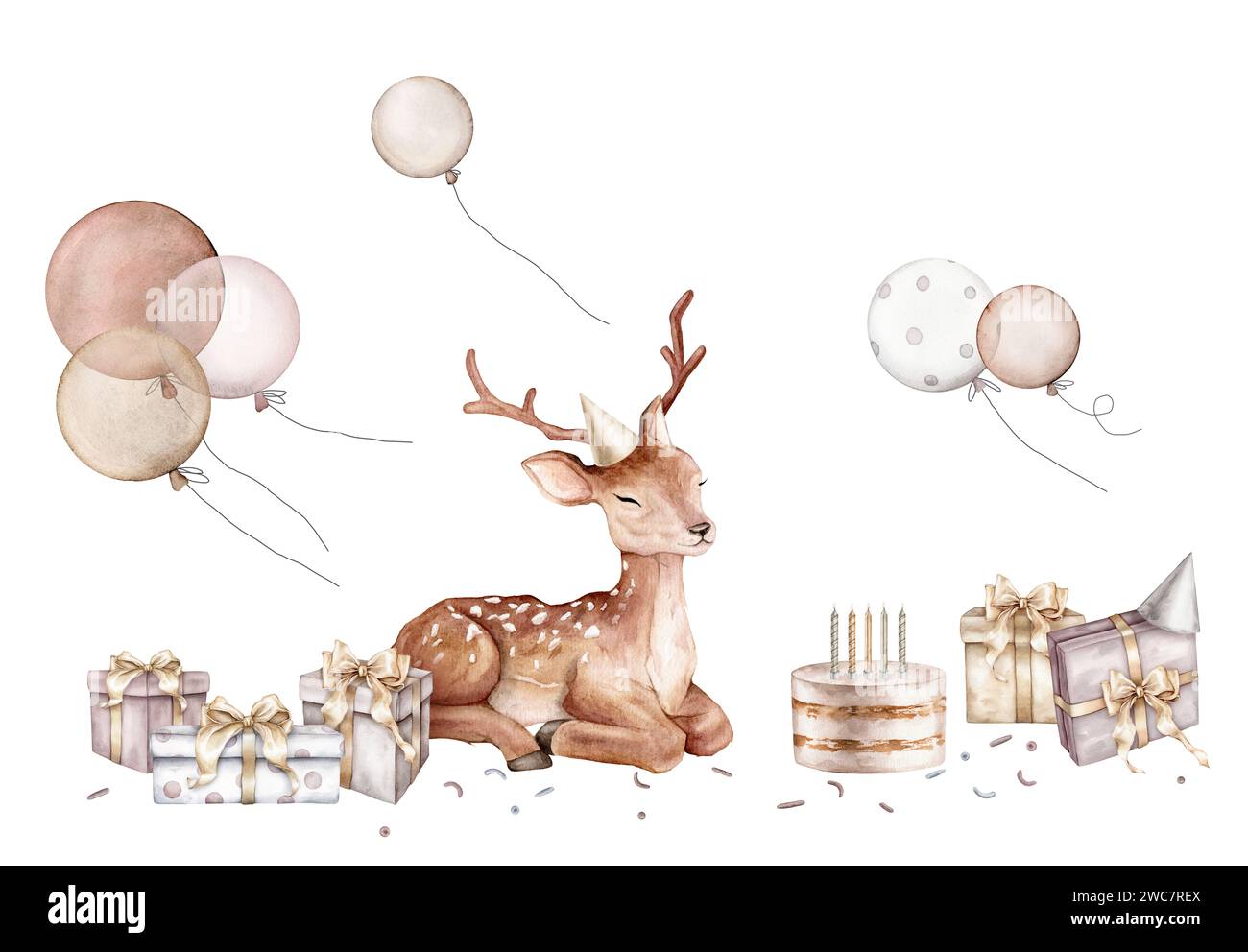 Aquarelle Air Balloons et fond isolé et bébé cerf. Illustration dessinée à la main pour les cartes de vœux. Gâteau et boîte gif. Prêt pour la fête Banque D'Images