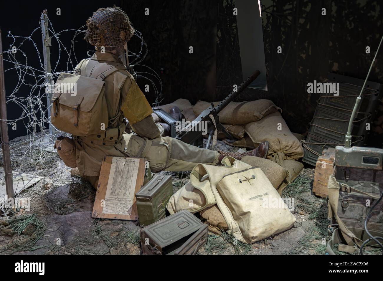 Reconstitution d'un nid de mitrailleuses browing avec un soldat américain au commandement, Seconde Guerre mondiale à Narmandy France Banque D'Images