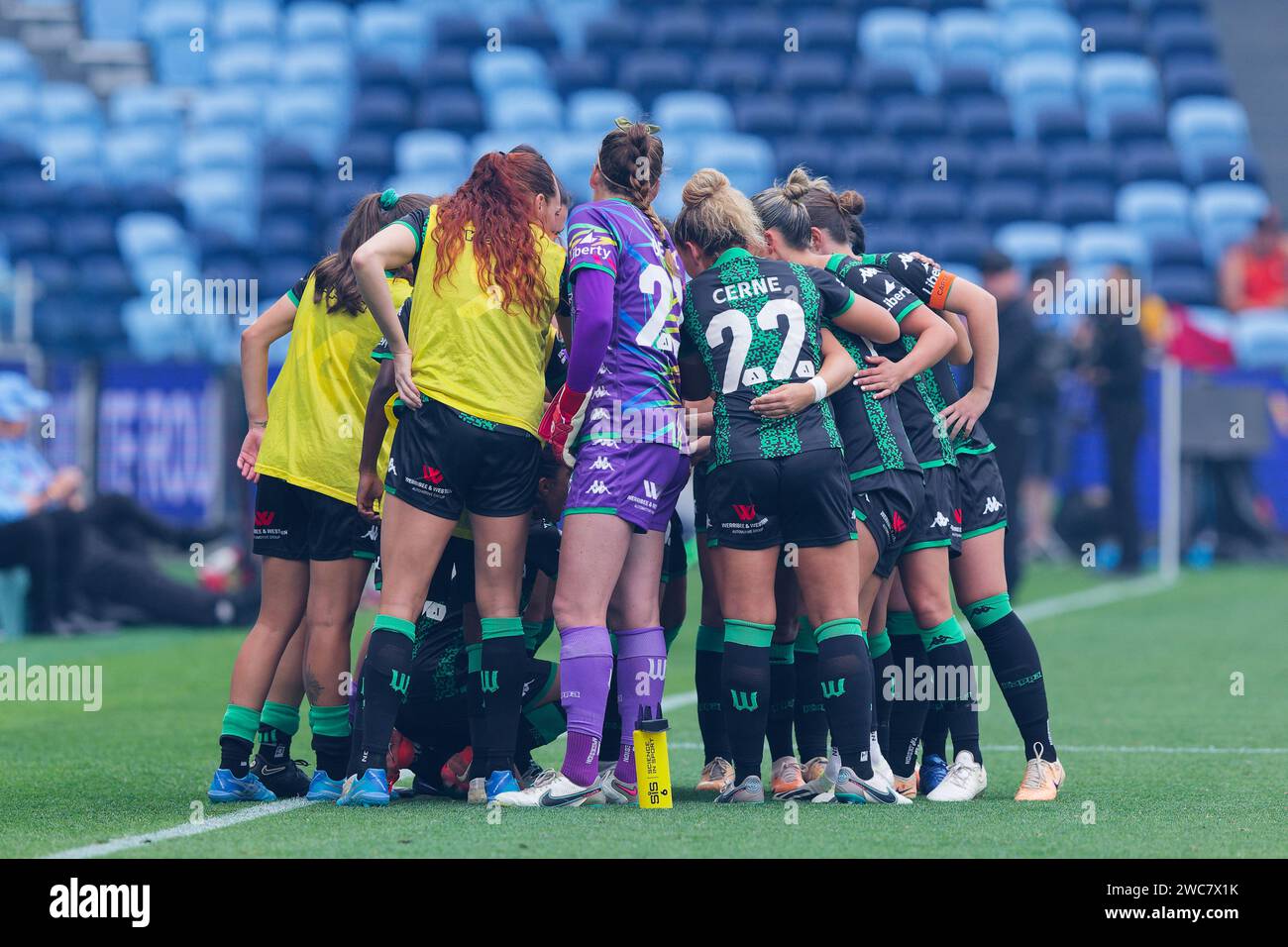 Sydney, Australie. 14 janvier 2024. Les joueuses de Western United se bloquent avant le match RD12 féminin de La A-League entre Western United et Sydney FC à l'Allianz Stadium le 14 janvier 2024 à Sydney, Australie Credit : IOIO IMAGES/Alamy Live News Banque D'Images