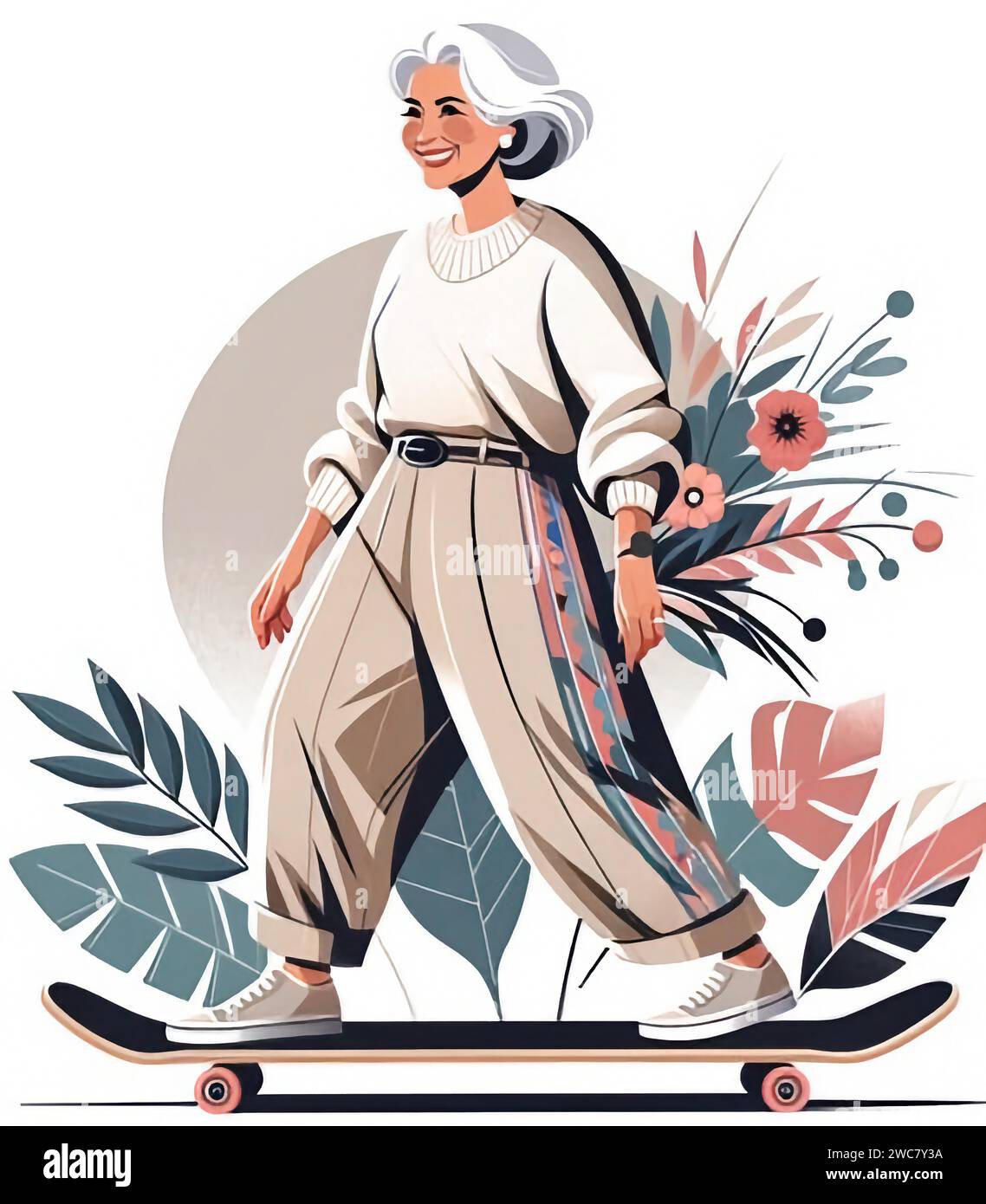 Eine ältere Frau auf einem Skateboard . Un style d'illustration numérique Illustration de Vecteur