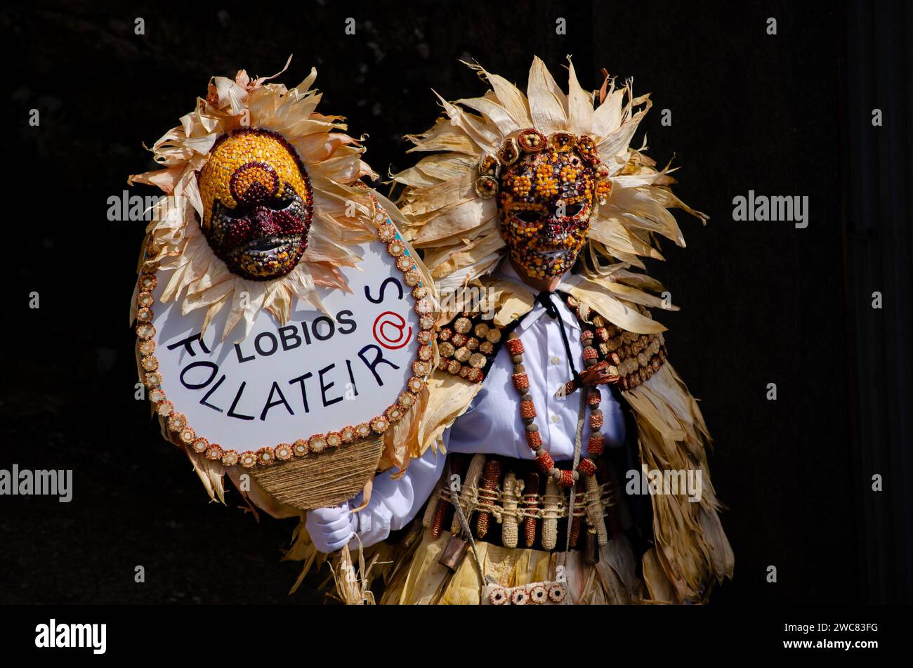 Masque de carnaval traditionnel de la municipalité de Lobios : os Follateiros. Ourense, Galcia. Espagne Banque D'Images