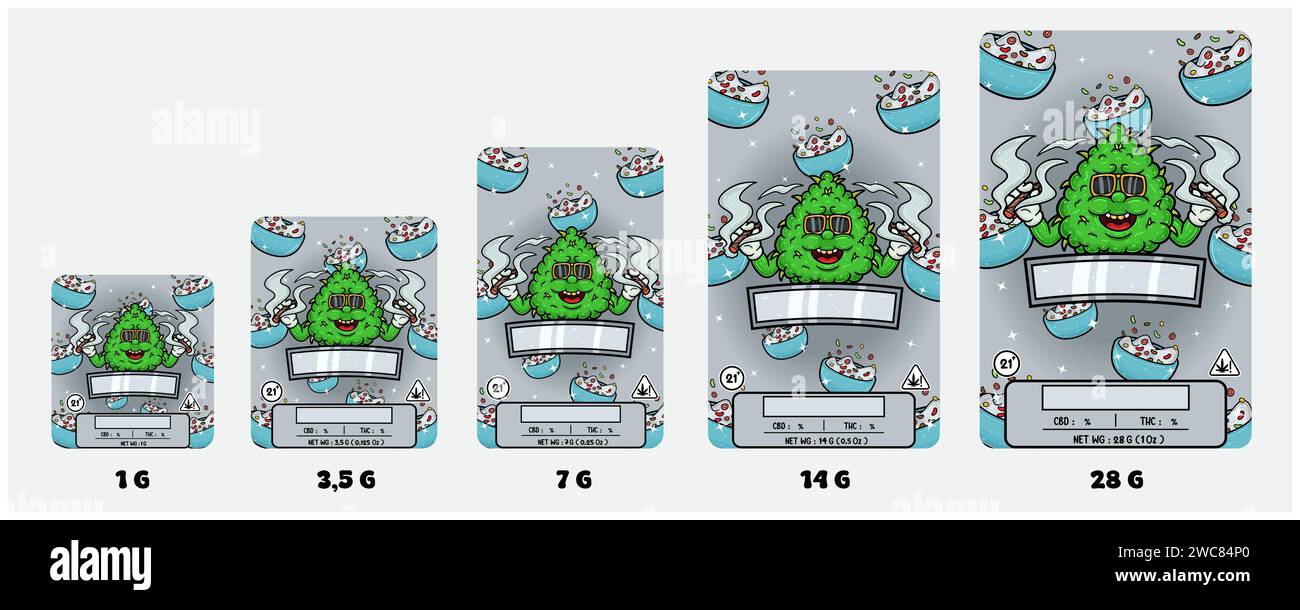 Variétés de céréales et Weed Bud avec dessin animé Smoking Mascot. Ensemble de couverture d'emballage de produit avec 1G, 3,5G, 7G, 14G et 28G. Taille évolutive sans perdre le Illustration de Vecteur
