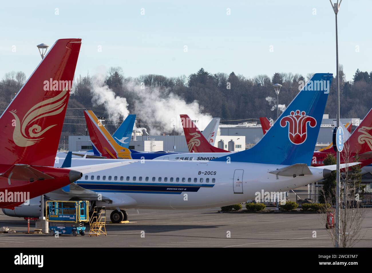 Seattle, Washington, États-Unis. 14 janvier 2024. Une variété d'avions 737 MAX en production sont stationnés à l'usine Boeing 2. La Federal Aviation Administration des États-Unis a annoncé une surveillance accrue de la production et de la fabrication de Boeing à la suite d'un incident survenu sur un Boeing modèle 737-9 MAX au cours duquel l'avion a perdu un bouchon de porte passager en vol. Crédit : Paul Christian Gordon/Alamy Live News Banque D'Images