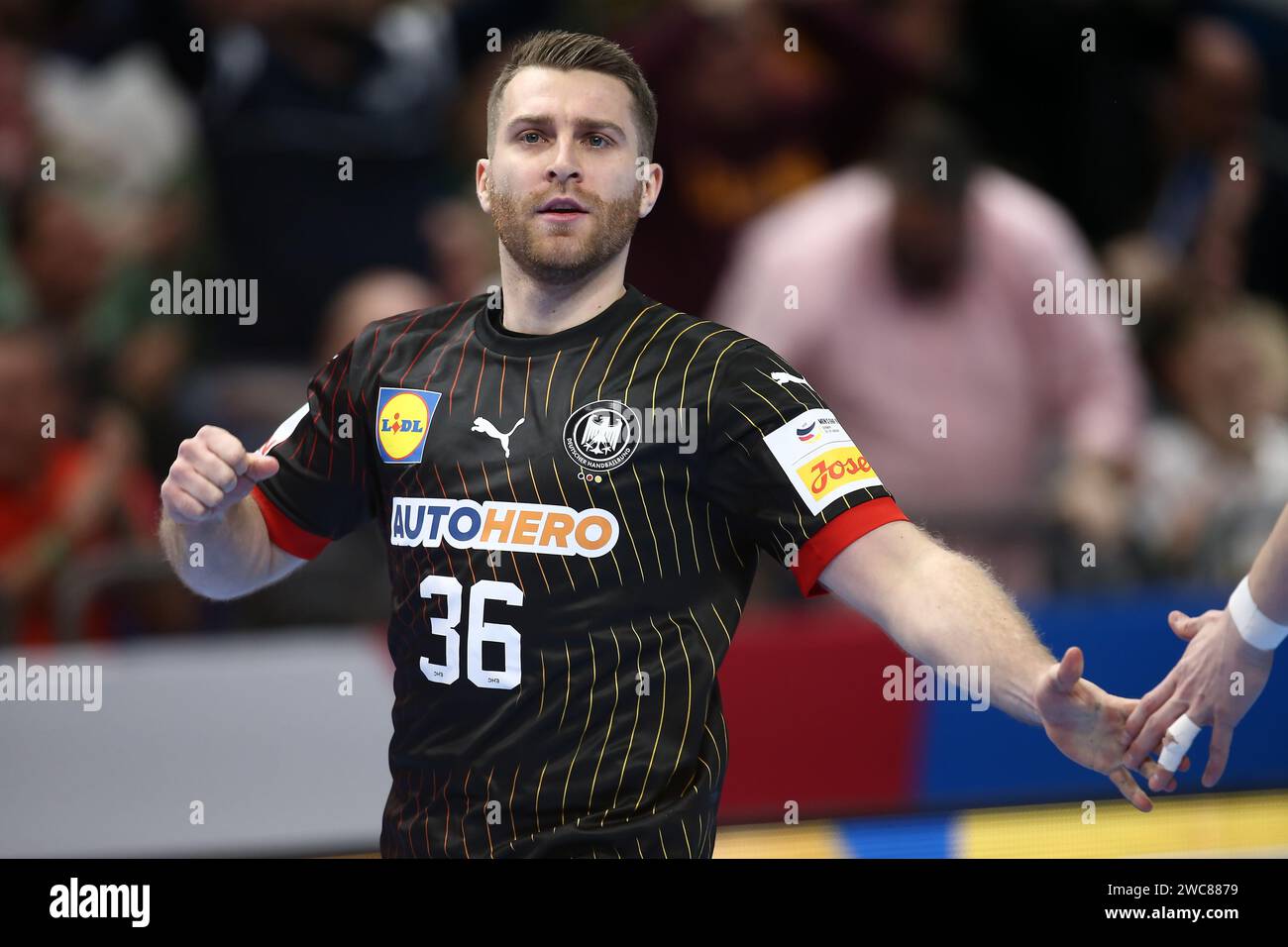 Berlin, Allemagne. 14 janvier 2024. Lukas Mertens d'Allemagne lors de l'Euro 2024 de l'EHF masculin, match de handball du Groupe A entre la Macédoine du Nord et l'Allemagne le 14 janvier 2024 à Mercedes-Benz Arena à Berlin, Allemagne - photo Piotr Matusewicz/DPPI crédit : DPPI Media/Alamy Live News Banque D'Images