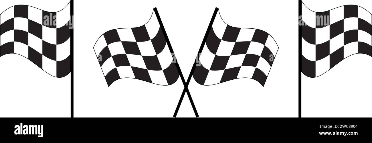 Ensemble d'icônes de drapeaux de course ondulant. Commencez et terminez les drapeaux de rallye avec un motif de carrés noirs et blancs à carreaux. Motocross, compétition automobile, auto marathon Illustration de Vecteur