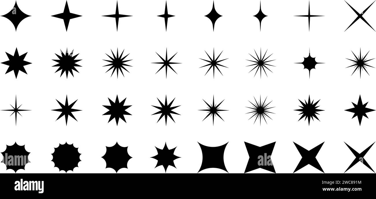 Ensemble d'icônes d'étoiles noires. Formes étincelantes, scintillantes, étoilées, bling stardust. Flash, lumière, feux d'artifice, explosion, symboles magiques radiance. Pictogrammes vintage tendance y2k. Illustration graphique vectorielle Illustration de Vecteur