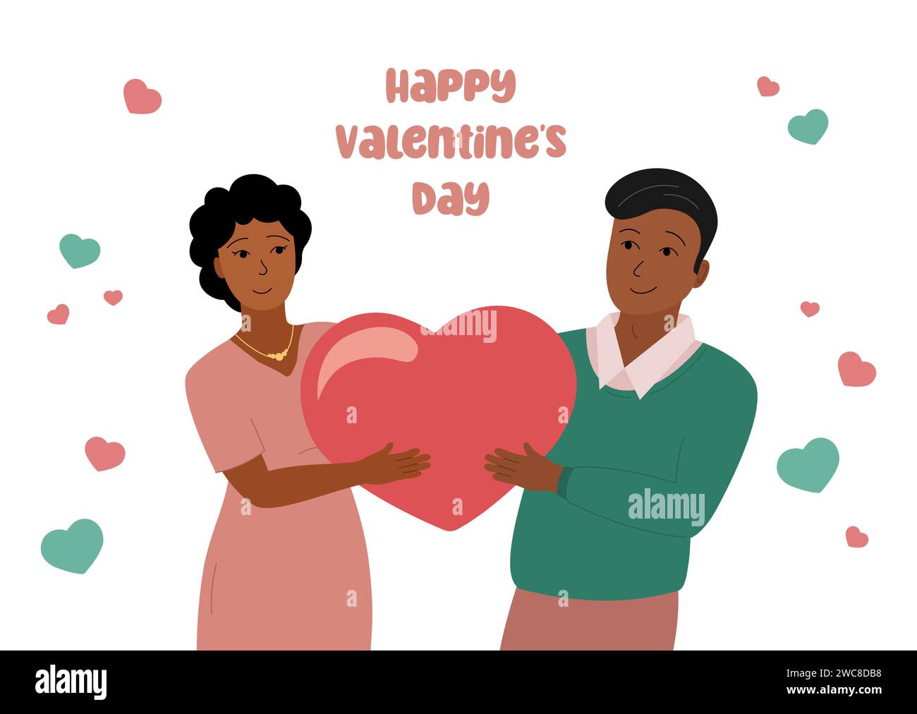 Carte de voeux pour la Saint Valentin. Couple amoureux. Femme souriante et homme tenant grand cœur ensemble. Sweethearts illustration vectorielle plate Illustration de Vecteur