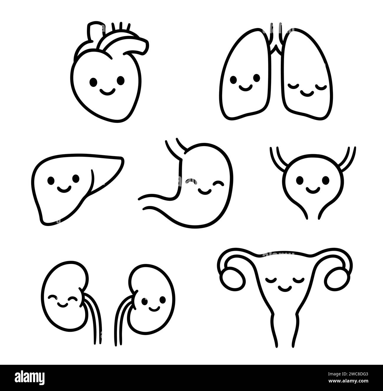 Ensemble d'organes internes de dessin animé avec des visages souriants mignons. Dessins de style doodle dessinés à la main, dessin au trait noir et blanc Illustration vectorielle isolée Illustration de Vecteur
