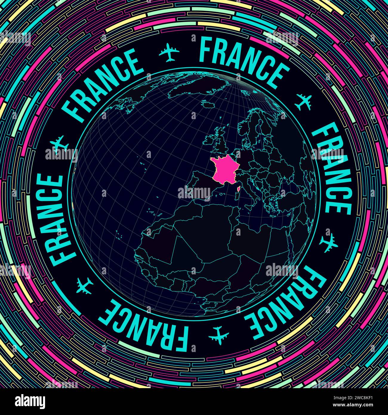 La France sur le globe. Vue satellite du monde centrée sur la France. Style néon lumineux. Fond futuriste de briques radiales. Illustration vectorielle moderne. Illustration de Vecteur
