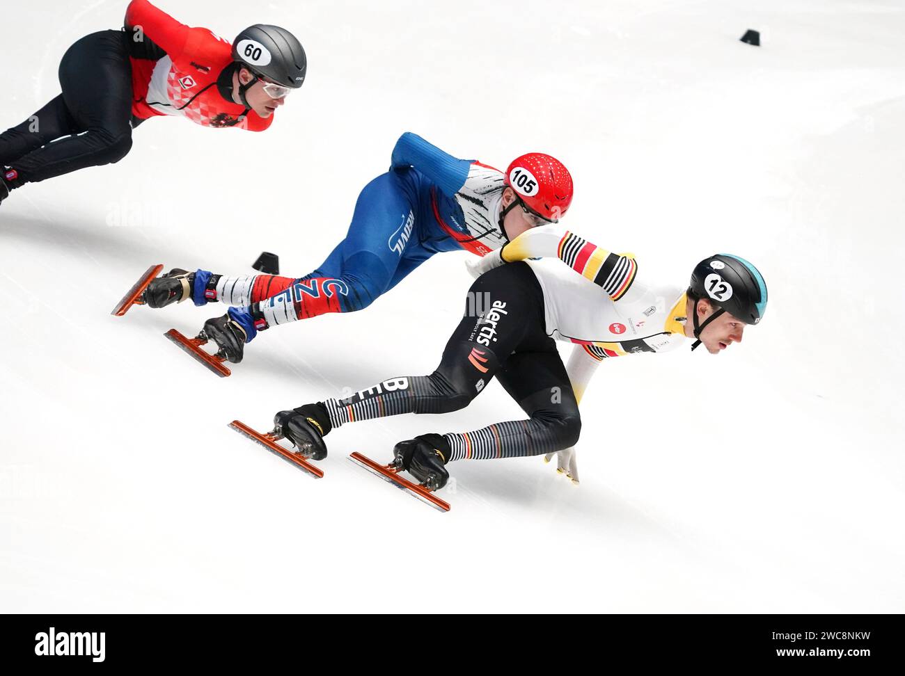 Stijn Desmet (bel) en quarts de finale 1000m lors des Championnats d'Europe sur courte piste 2024 le 14 janvier 2024 à Hala Olivia à Gdansk, Pologne photo de SCS/Soenar Chamid/AFLO (HOLLAND OUT) Banque D'Images