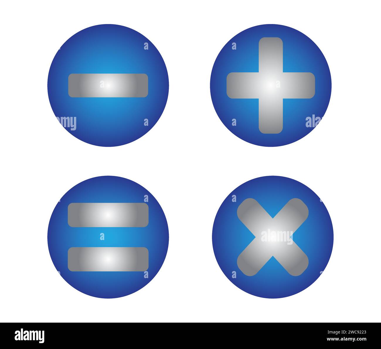 Icônes bleues argentées de calculatrice de maths, moins, plus, égale et multiplie. Symbole de bouton logo autocollant isolé éditable. Illustration de Vecteur