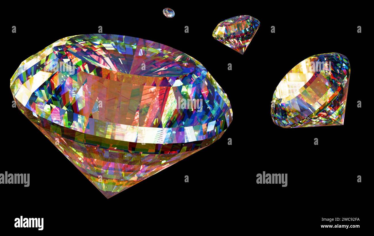 Rendu 3D de diamants ronds et en forme de poire sur une nuance profonde de fond noir. Banque D'Images