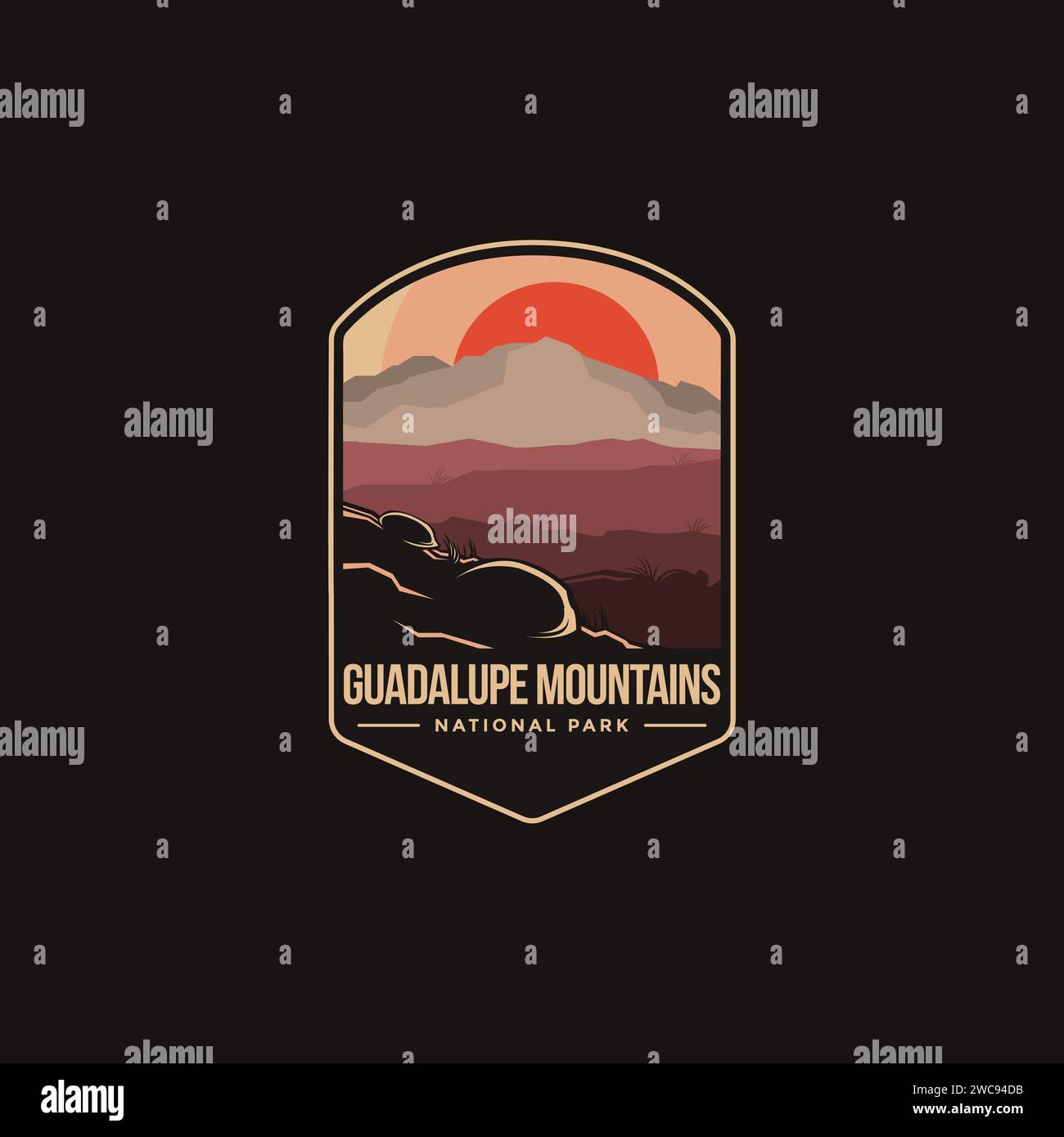 Emblème patch logo illustration du parc national des montagnes Guadalupe sur fond sombre Illustration de Vecteur