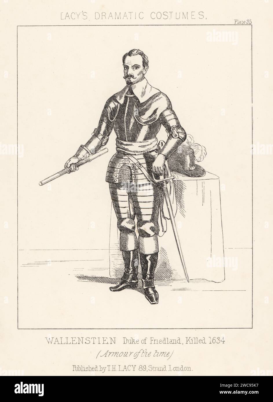 Albrecht von Wallenstein, chef militaire de Bohême dans la guerre de trente ans, 1583-1634. En col, costume d'armure, bottes, avec bâton, épée et chapeau à plumeau. Wallenstien (sic), duc de Friedland. Lithographie de Thomas Hailes Lacy's Male costumes, Historical, National and Dramatic in 200 plates, Londres, 1865. Lacy (1809-1873) était un acteur, dramaturge, directeur de théâtre et éditeur britannique. Banque D'Images