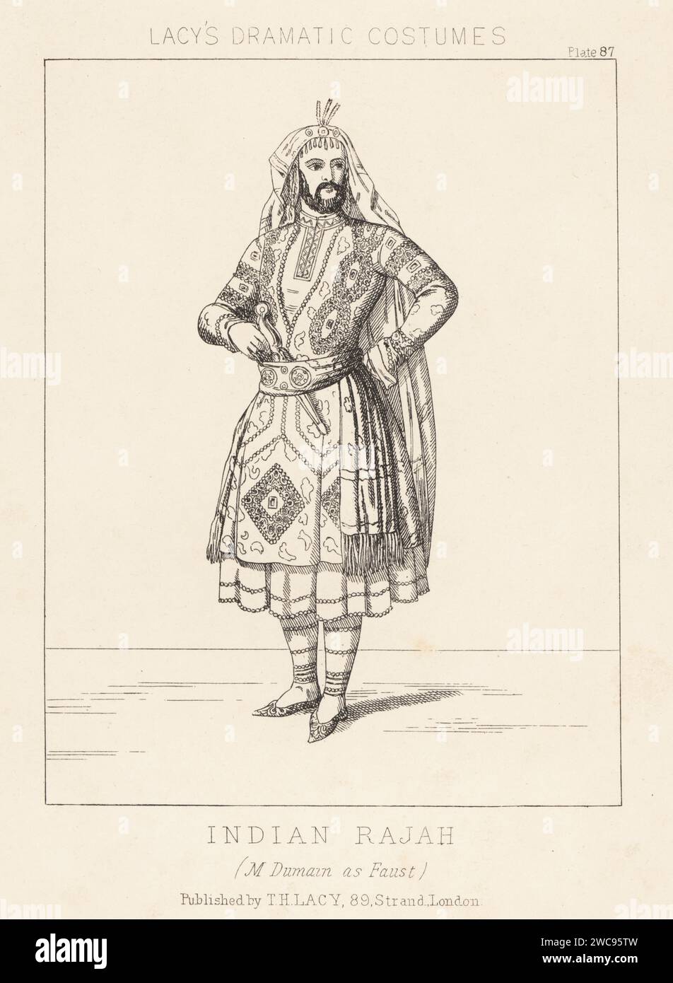 Costume d'un Rajah indien, 1858. En costume comme un Rajah indien. Coiffe avec long train, tunique brodée et jupe, ceinture à ceinture avec pistolet. (Louis-Francois) Dumaine dans le rôle de Faust (sic). Peut-être l'un des trois Indiens du ballet Faust d'Adolphe d'Ennery, 1858. Lithographie de Thomas Hailes Lacy's Male costumes, Historical, National and Dramatic in 200 plates, Londres, 1865. Lacy (1809-1873) était un acteur, dramaturge, directeur de théâtre et éditeur britannique. Banque D'Images