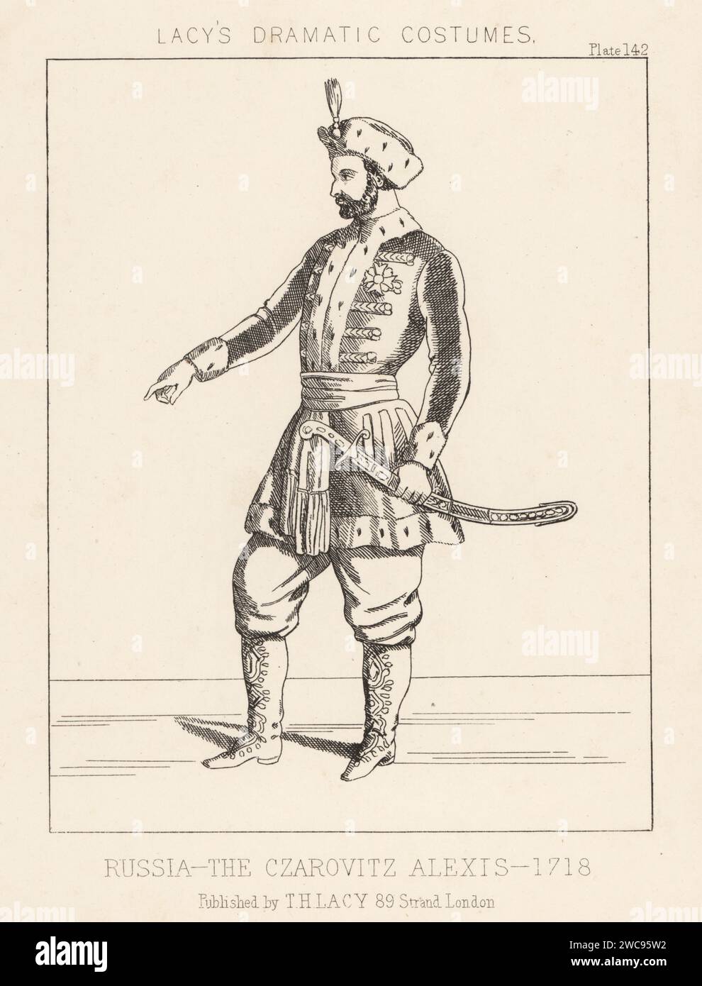 Grand-duc Alexeï Petrovitch de Russie, tsarévich russe, fils de Pierre le Grand, 1690-1718. En casquette doublée d'hermine, manteau doublé d'hermine, culottes et bottes, avec sabre. Le Czarovitz Alexis, Russie, 1718. Lithographie de Thomas Hailes Lacy's Male costumes, Historical, National and Dramatic in 200 plates, Londres, 1865. Lacy (1809-1873) était un acteur, dramaturge, directeur de théâtre et éditeur britannique. Banque D'Images