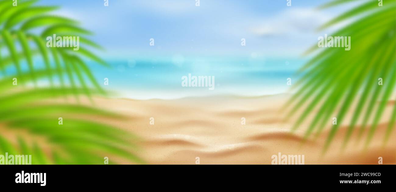 Fond de plage d'été tropical flou. Vector illustration réaliste de la côte sablonneuse de la mer avec des particules étincelantes, l'eau bleue de l'océan et le ciel ensoleillé, e Illustration de Vecteur