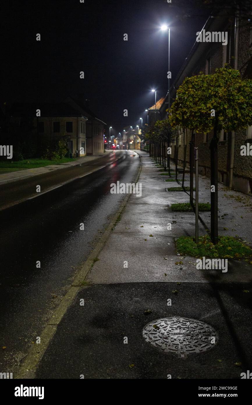 Rue lluminée de la ville Gornja Radgona la nuit. Un paysage urbain sombre. Banque D'Images