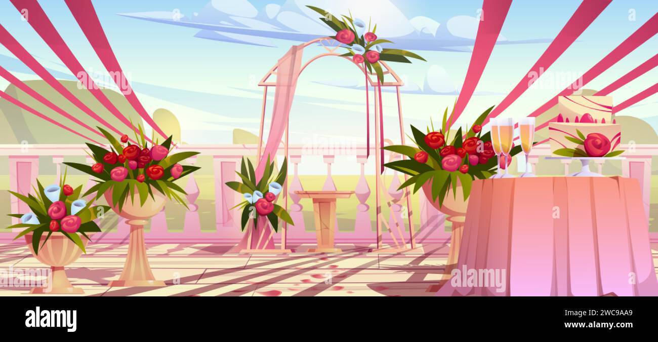 Cérémonie de mariage en plein air avec arc drapé et décoré avec des fleurs sur le patio dans le jardin. Illustration vectorielle de dessin animé de l'emplacement de l'événement de mariage Illustration de Vecteur