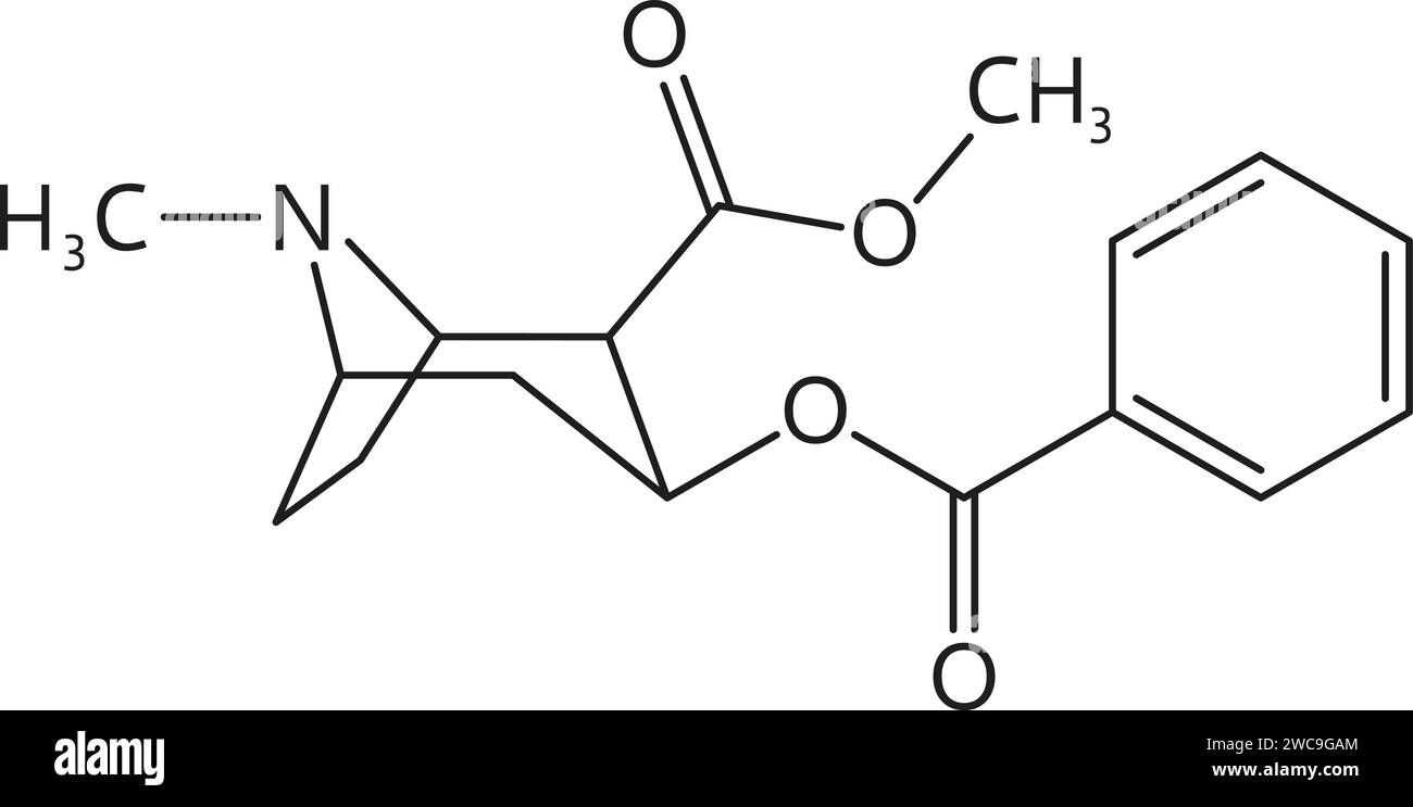 Formule de molécule de drogue de cocaïne et structure chimique, modèle de vecteur de drogue synthétique ou organique. Structure moléculaire et formule chimique de la cocaïne ou de la substance narcotique pour la médecine et la pharmacie Illustration de Vecteur