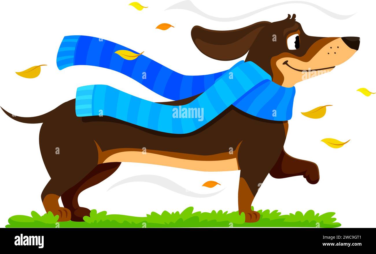 Personnage de chiot chien de teckel de dessin animé enveloppé dans une écharpe confortable, des frondes au milieu des feuilles d'automne, son esprit ludique reflétant les couleurs vibrantes de la saison dans une scène vectorielle délicieuse et réconfortante Illustration de Vecteur