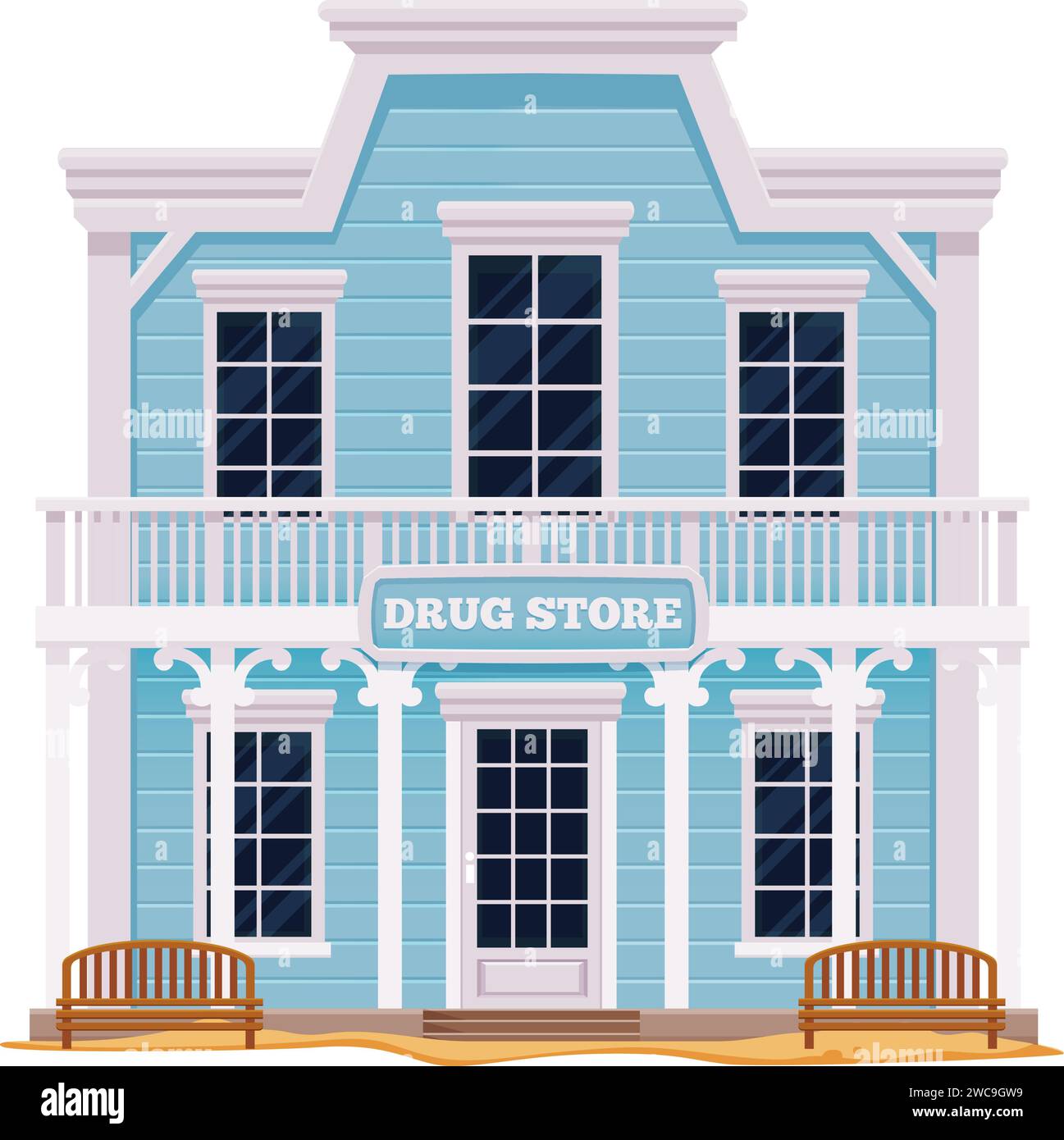 Bâtiment de dessin animé de la ville de Western Wild West. Vecteur maison de deux étages de la vieille scène de rue américaine. Pharmacie Wild West, apothicaire ou pharmacie vue de face avec façade en bois blanc bleu et balcon Illustration de Vecteur