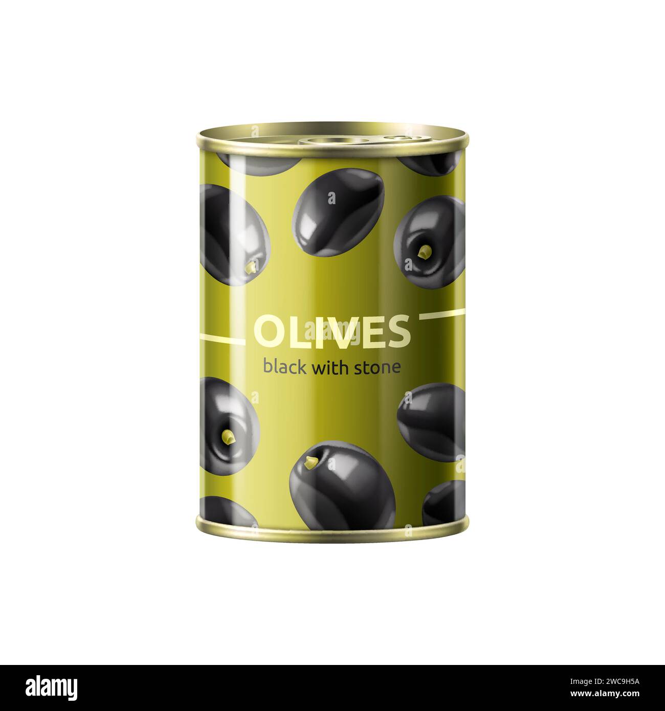 Boîte d'olive noire réaliste, boîte d'étain cylindrique de vecteur 3d isolée, logement dodue et baies salées. Le récipient métallique recèle des trésors méditerranéens à l'intérieur, pour ajouter une bouffée de saveur aux plats Illustration de Vecteur
