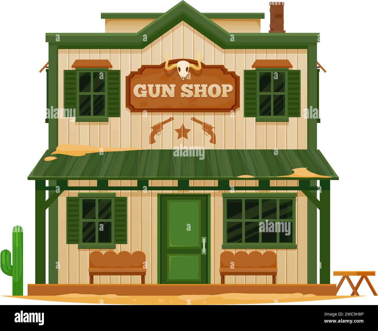 Bâtiment de dessin animé de la boutique d'armes de Western Wild West Town. Vieille maison en bois de deux étages, scène vectorielle de la rue de campagne de la ville occidentale. Magasin d'armes de cow-boy, arme à feu ou bâtiment de magasin d'armes avec crâne de taureau et cactus Illustration de Vecteur