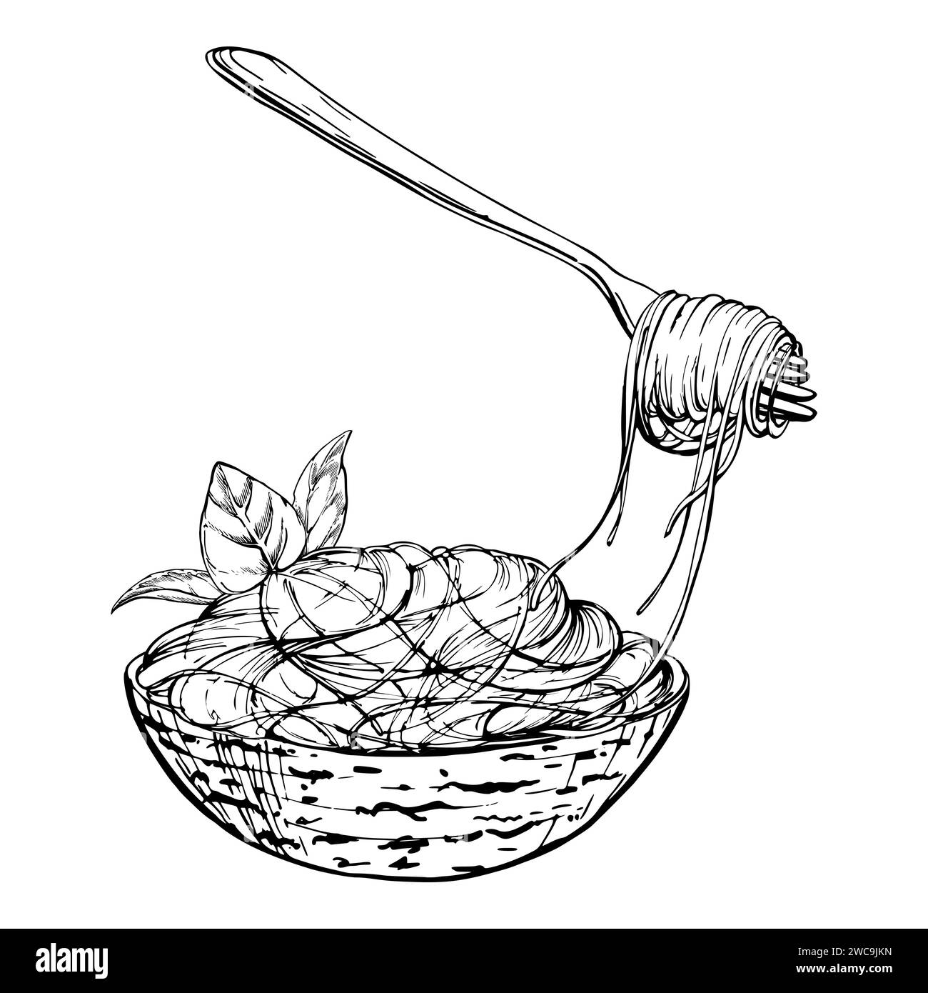 Illustration à l'encre vectorielle dessinée à la main. Pâtes plat italien spaghetti vermicelles nouilles sur la fourchette et dans un bol aux herbes de basilic. Composition isolée sur blanc Illustration de Vecteur