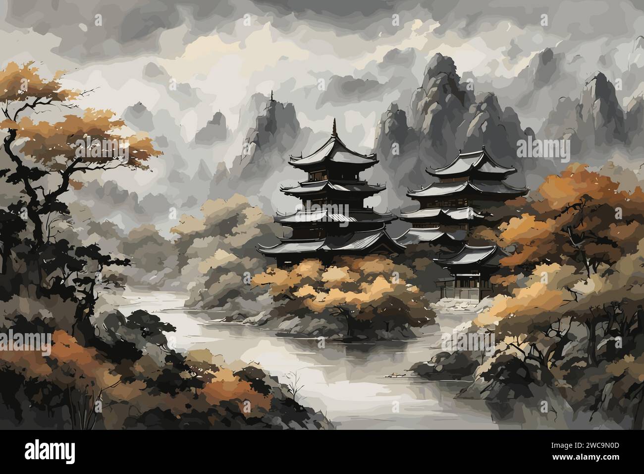 Peinture à l'encre chinoise château traditionnel Illustration de Vecteur