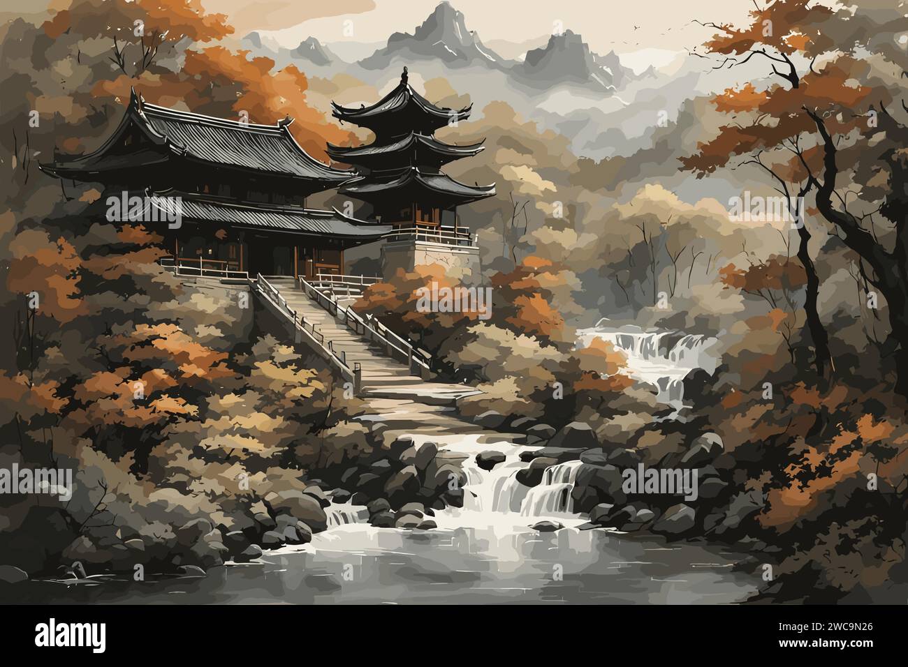 Peinture à l'encre chinoise château traditionnel Illustration de Vecteur