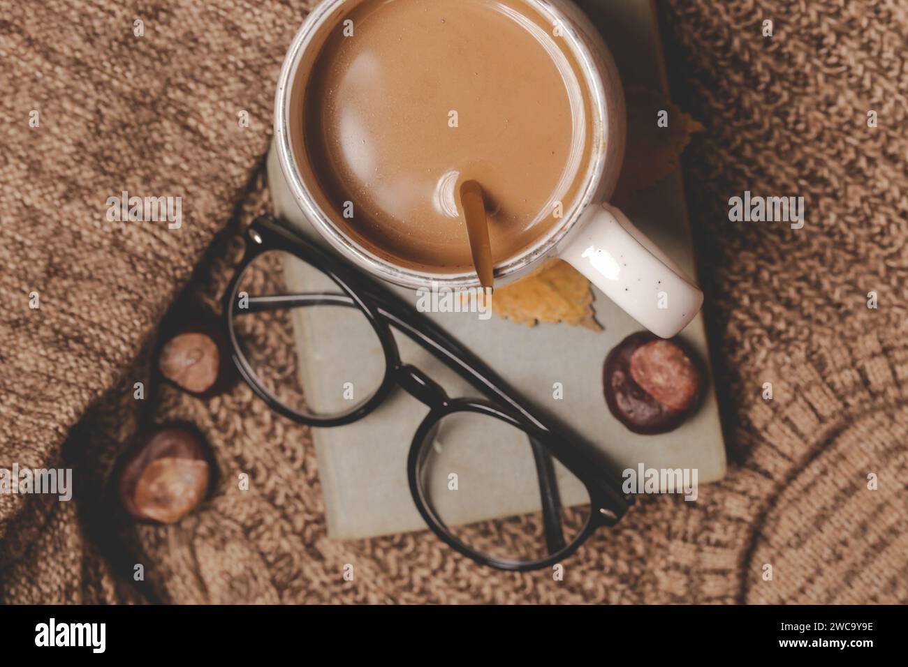 Concept de style de vie hivernal confortable. Tasse de boisson chaude avec livre vintage et vêtements tricotés chauds. Banque D'Images